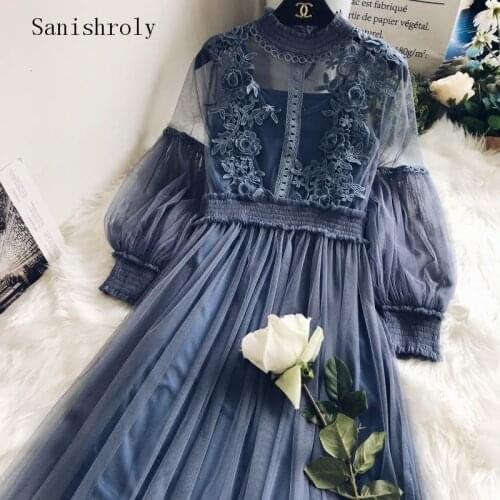 Sanishroly 2 Piece Set Spring Autumn Flower Lace Dresses Women Gauze Lantern Sleeve Mesh Dress Female Voile Princess Dress SE912