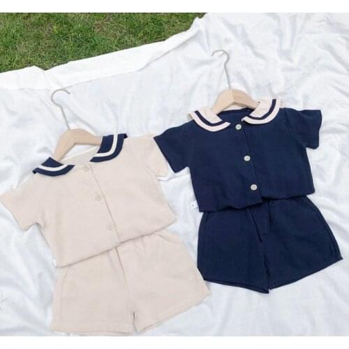 Korean Style Kids Clothes Sets Cute Sailor Collar Boys&Girls Clothing Short Sleeve Cotton Linen T shirt + Shorts 2pcs Set BC635