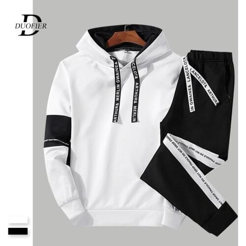 Men Casual Set Hooded Solid Patchwork 2020 Autumn New Mens Sportswear Hoodies+Pants 2PCS Sets Hip Hop Street Loose Tracksuits