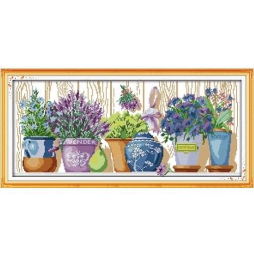 Lavender Pansy Needlework DIY 18Ct 14CT DMC Cross Stitch SetsThe pottings on the windowsill Cross-Stitching multi picture plus