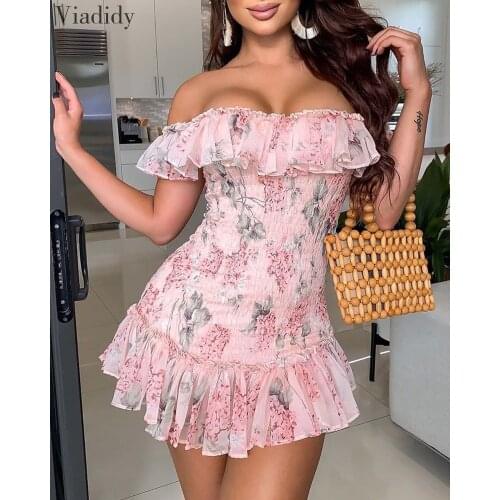 2020 Summer Sexy Floral Print Ruffles Off Shoulder Shirring Dress