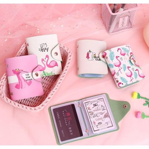 Cute Women Business Card Holder Case Book Cartoon Leather Bank Credit Card Clip Wallet Cardholder Flamingo ID Card Bag 20 Bits