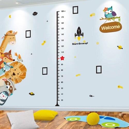 Cartoon Animals Wall Stickers DIY Height Measure Mural Decals for Kids Rooms Baby Bedroom Nursery Door Wardrobe Home Decoration