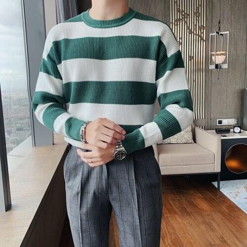 British mens striped sweaters, tight and casual knitwear, round neck knitted warm clothing, autumn and winter