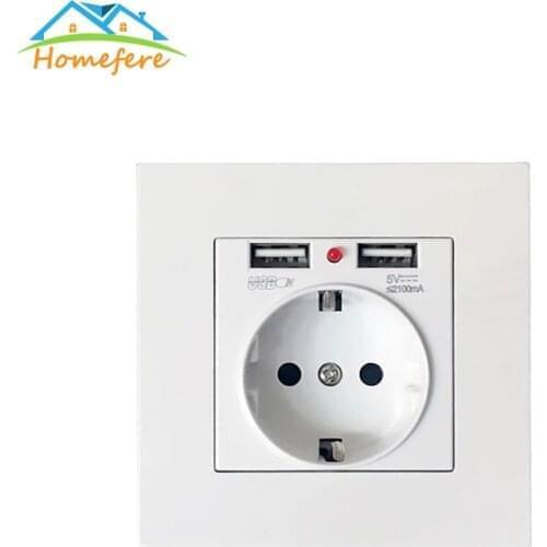 16A Wall Power Electrical Socket Grounded EU Standard Outlet 2100mA Dual USB Charger Port Socket Wall Charger Adapter