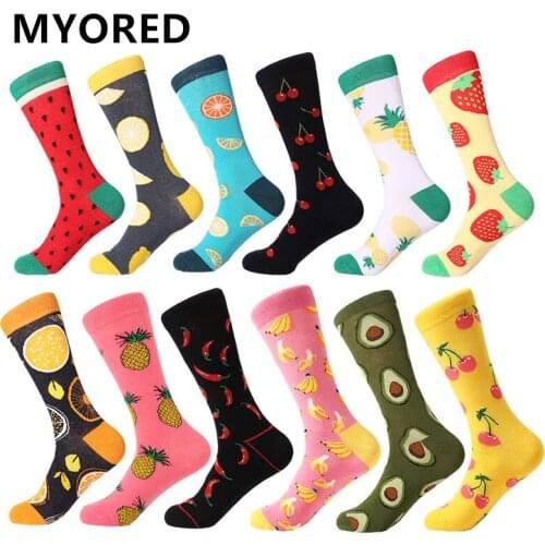 MYORED 12pairs/Lot Casual Men Socks Plaid Colorful fruit cartoon animal dot stripes happy Business Party Dress Cotton Socks Man
