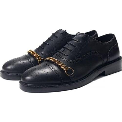 New Winter Genuine leather Formal Black Metal Chain Oxford shoes Lace up Brogue Shoes handmade Business Carved men shoes