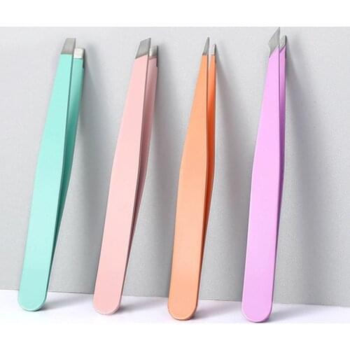 Colorful Hair Removal Tweezers Stainless Steel Eyebrow Tweezers Pink Slanted Black Tip Point Face Harmless Makeup Beauty Tool