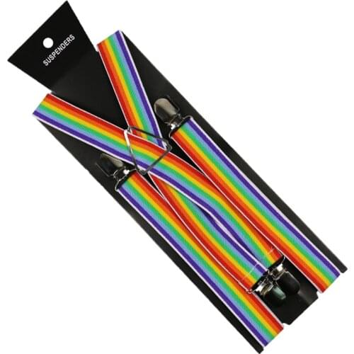 Winfox Fashion Women Men Suspenders Elastic Suspender Rainbow Stripe Pattern Elastic Y-back 2.5cm Wide Suspenders