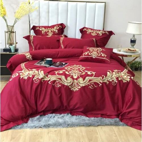 Luxury 120S Egyptian cotton Embroidered Bedding sets Queen King Royal Duvet cover Bed sheet set Pillowcases 4/6pcs Wedding red