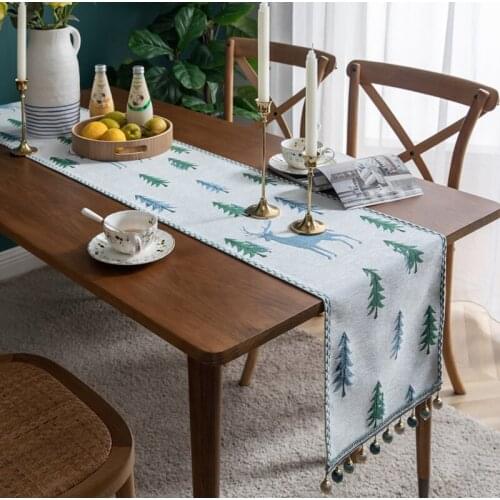 Christmas Table Flag New Small Tree Forest Deer Jacquard With Pompom Tassel Table Runner Decorations For Home Table Runner Flags