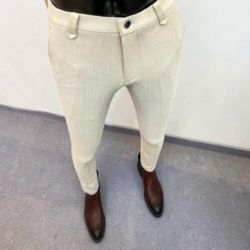 Autumn Winter Woolen Business Dress Pants Men Striped Office Social Suit Pants Casual Slim Fit Wedding Formal Trousers Clothing