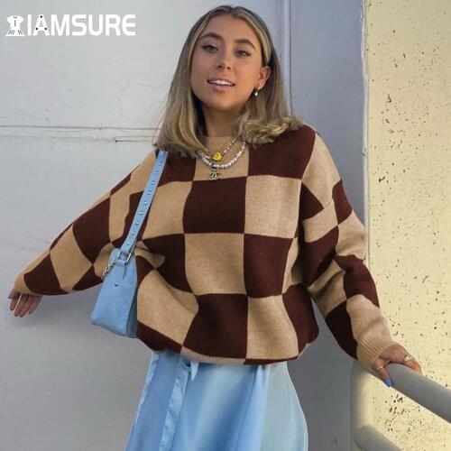 IAMSURE Loose Plaid Knitted Sweater Women Oversized Pullovers Patchwork Long Sleeve Knitwear 2021 Autumn Winter Preppy Style Top