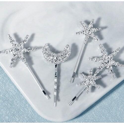 Temperament Retro Star Moon Pattern Design Hair Clip Faux Rhinestone Silver Color Simple Hairpins Girls Hair Decoration LL@17