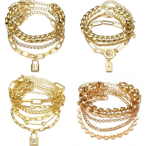 Vintage Multilayer Lock Butterfly Heart Chain Bracelet Retro Snake Crystal Pendant Chain Bracelets 2021 French Jewelry Gifts