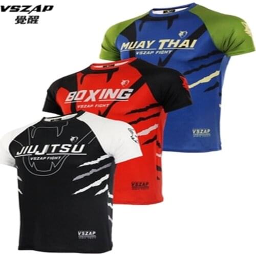 VSZAP MMA Short Sleeve Boxe Training Clothes Sports Stretch Fighting T-shirt Thai Boxing Brazilian Jiu-Jitsu Men Fitness Shirts