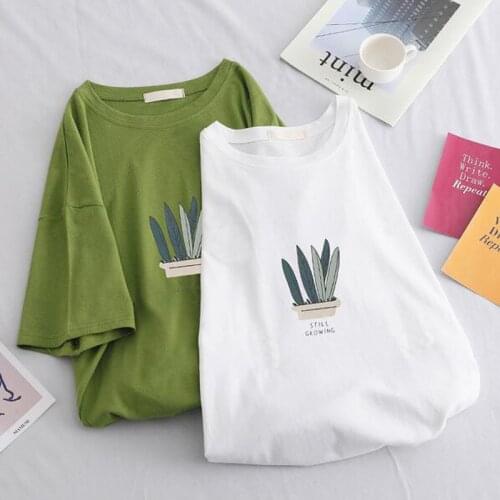 New Fashion Tshirts Women Plant Print Short Sleeve Round Neck Cotton Spandex Female T-shirt Casual Slim Women Tops