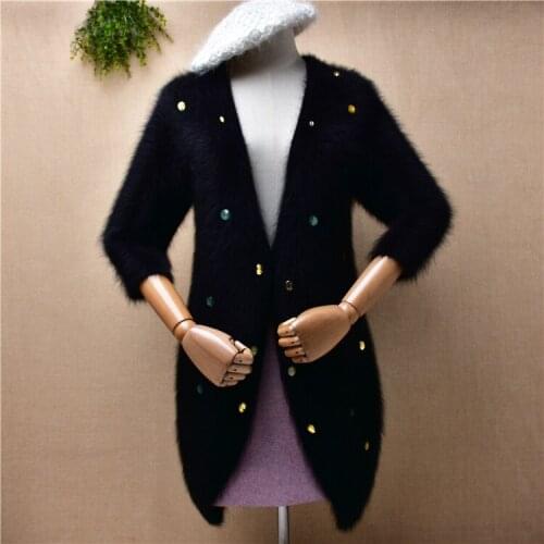 Ladies women fashion black beading hairy mink cashmere knitted half sleeves slim cardigan angora fur winter jacket coat sweater