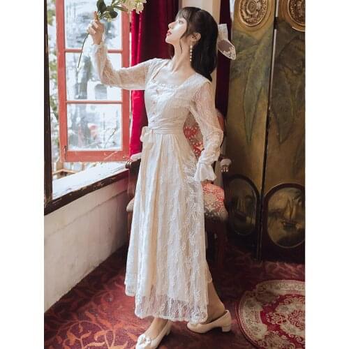 Female Apricot Retro Square Collar Lace Dresses Elegant Ladies 2021 Spring Autumn New Flared Sleeve Chic Sweet Romantic Dress