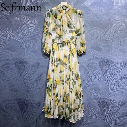 Seifrmann New 2021 Summer Women Fashion Runway Long Dress Lantern Sleeve Bow High Waist Floral Printed A-Line Dresses Vestidos