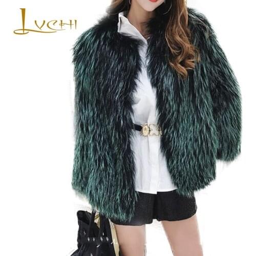 LVCHI 2019 Winter Real Fox Fur Coats Slim Real Natural Fox Fur Coat Womens Pure Green Color V-Neck Short Wave Fox Fur Coats