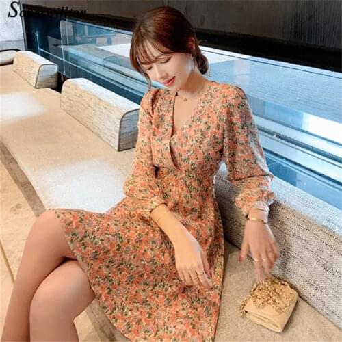 Women Dresses Spring 2021 Sexy V Neck Floral Print Boho Beach Dress Ruffle Long Sleeve A Line Mini Dress Sundress Robe