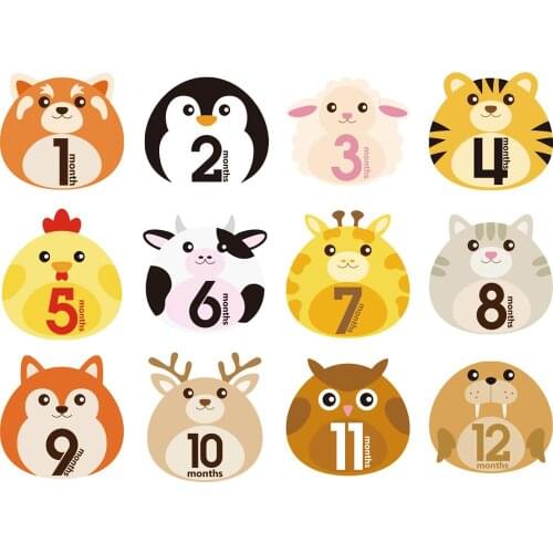 12 Pcs Animal First Year Monthly Milestone Photo Sharing Baby Belly Stickers 1-12 Months