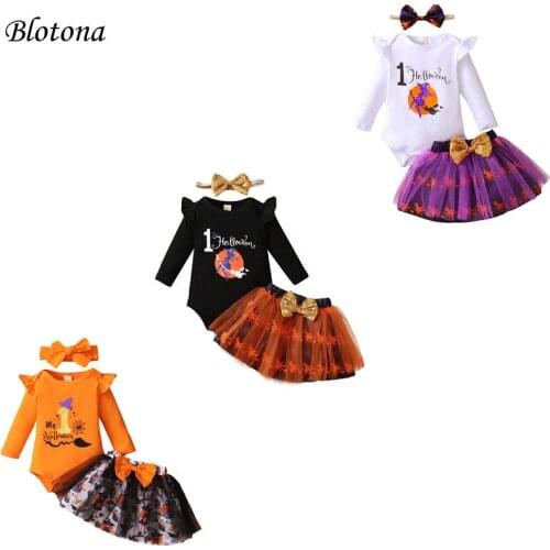 Blotona 3Pcs Baby My First Halloween Outfits, Long Sleeve Letter Print Romper + Tulle Skirt + Headband Set, 0-18Months