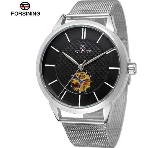 Forsining Mens Watch Automatic Self-Wind New Style Stainless Steel Bracelet Transparent Crystal Analog Wristwatch FSG8083M4