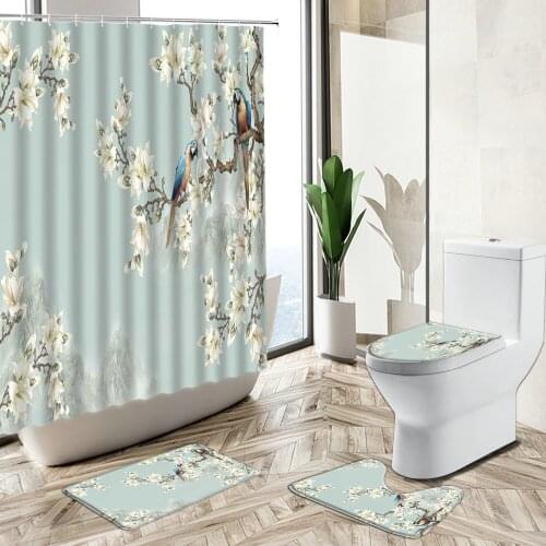 Flower Parrot Bird Scenery Shower Curtain Elegant Floral Chinese Bathroom Decor Non-Slip Carpet Toilet Cover Floor Mat Set Gift