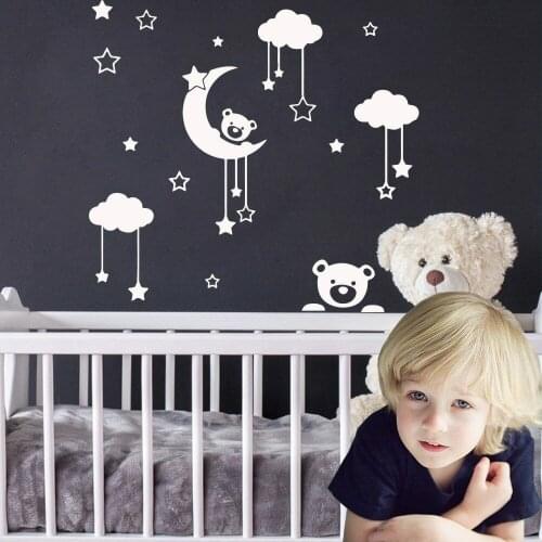 Moon Bear Nursery Wall Decals Stars Moon Kids Baby Rooms Wall Decor Decals Vinyl Home Art Decoration Wallpaper Removable Z576