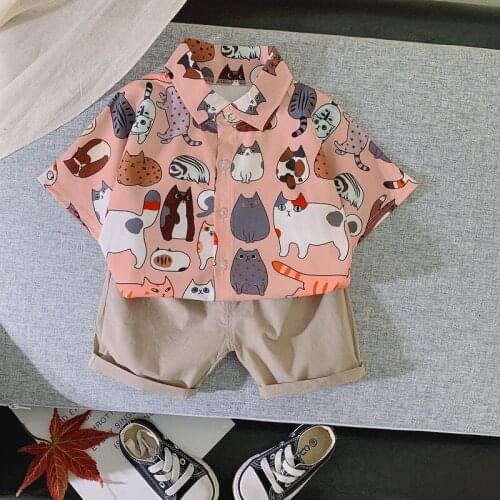 Summer 100% Cotton Clothing for Boys Cartoon Print Kids Clothing Sets Shirt+Shorts 2 Pcs Childrens Clothing O-neck Boy Clothing