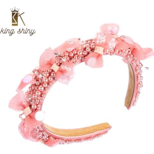 King Shiny Summer Sequin Bowknot Headband for Woman Lovely Color Imitation Pearl Beaded Sponge Hairband Girls Party Tiara Bezel