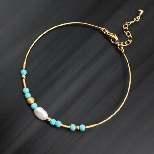 2021 Hot New Stainless Steel Exquisite Unique Natural Stone turquoise Natural Pearl bangle Simple personality diy bracelet