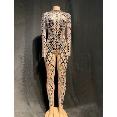 Flashing Silver Mirrors Stone Jumpsuit Women Bar Dance Net Yarn Clothes Birthday Celebrate See Through Outfit