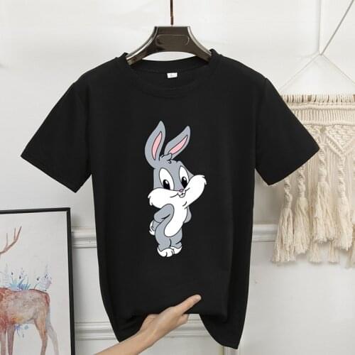 Kawaii Cartoon Rabbit Cute T Shirt Women O-neck Short Sleeve 2020 Fashion Women Black TShirts Women Oversized T-shirt