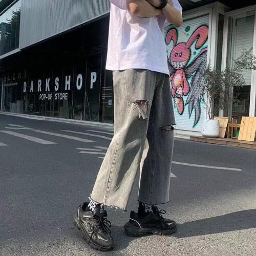 2021 Summer Mens Hole Denim Straight Pants Loose Fashion Casual Pants With Rough Edge Trousers Grey/blue Color Wash Jeans