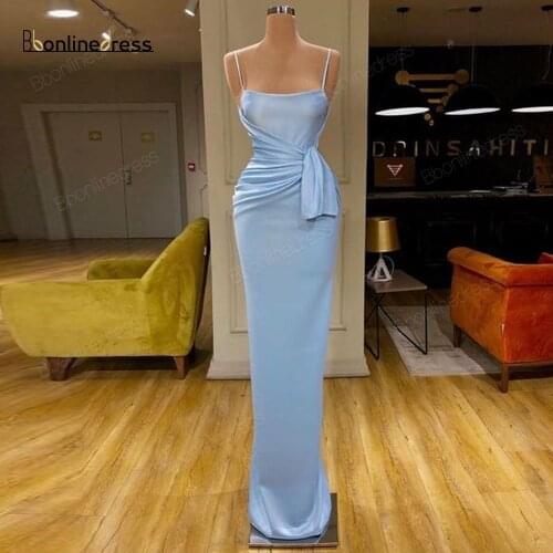 Sky Blue Evening Dress Satin Long Evening Dresses Spaghetti Strap Floor Length Formal Party Gowns vestido-de-festa