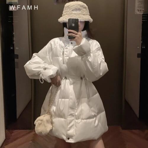Autumn and winter new drawstring waist loose mid-length stand-up collar Korean version cotton padded jacket womens clothing