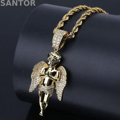 Hip Hop Pendant Necklace Men Angel Pendant Gold-plated Ice Out CZ Cubic Zircon Hip Hop Punk Mens Necklace