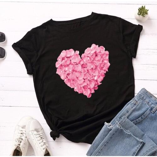 Pink Heart Flower Print Women T-Shirt for Women Casual White Tops Short Sleeve Women T Shirt Love Heart Embroidery Print Female
