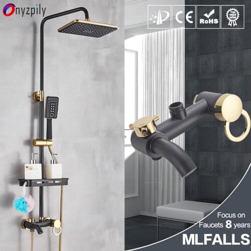 Black Colden Rainfall Shower Faucet Bathroom Shower Set Mixer Tap Wall Mount Shower Hot Cold Water Tap with Storage Shelf