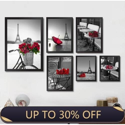Modern Black White City Building Art Canvas Painting Prints Tower Red Rose Posters Wall Picture For Living Room Home Decor