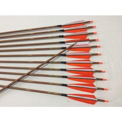 12pcs 100% Pure carbon arrow wood skin arrow shaft spine500 ID6.2 with 5"turkey feather arrow nock for traditional bow