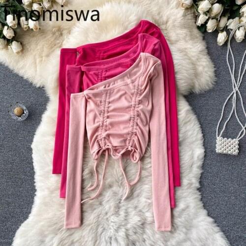 Tinomiswa Bare Shoulder Cropped Tops Women Solid Color Y2K Top Drawstring Lace Up Long Sleeve Casual Tshirts New Arrival T Shirt