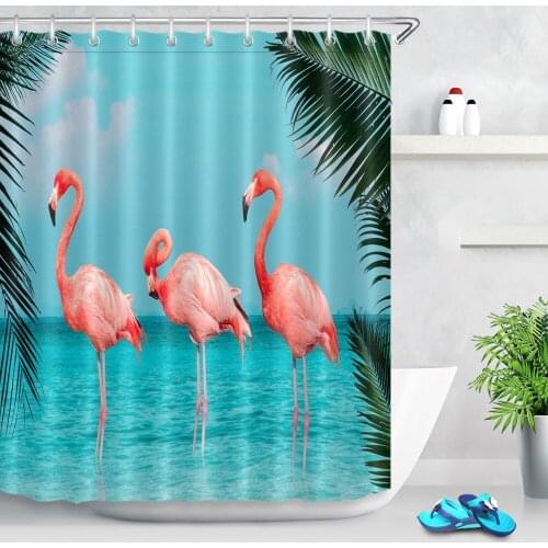 Sea Sunny Sky Cloud Green Coconut Tree Leaves Flamingo Shower Curtains Waterproof Bathroom Curtain Fabric for Bathtub Decor
