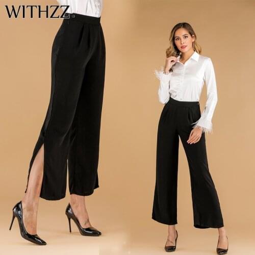 WITHZZ Spring Office Lady Trousers Solid Color Middle Waist Side Bifurcation Womans Wide-leg Pants