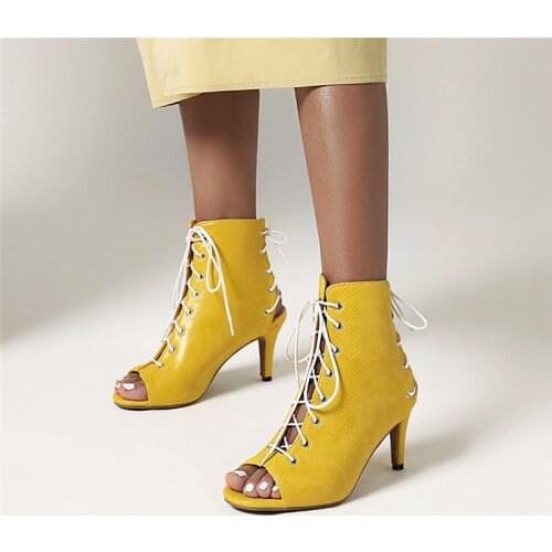 YMECHIC Snakeskin Pu Yellow Red Blue Black Cross Tied Ridding Ankle Boots Summer Peep Toe Stiletto Sexy High Heels Sandal Shoes