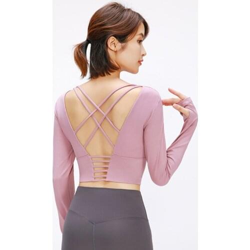 TWTOPSE Back Cross Straps Yoga Fitness Shirts Women Padded Anti-sweat Gym Workout Long Sleeved Crop Tops with Thumb Holes 2020