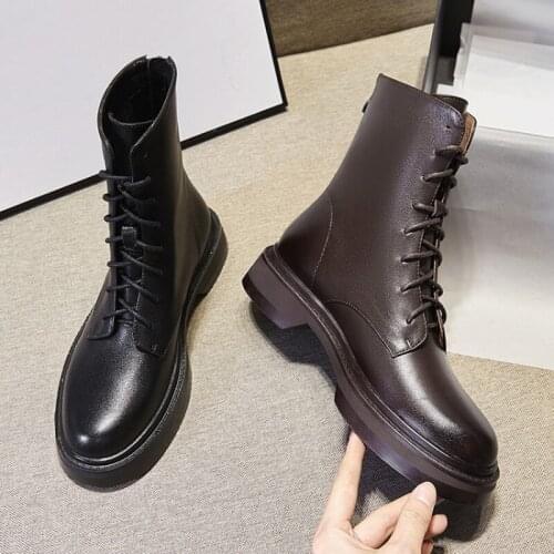 Kanseet 2020 Shoes Round Toe New Fashion Design Boot Ladies Genuine Leathe Lace Up Square Heel Motorcycle Ankle Boot Women